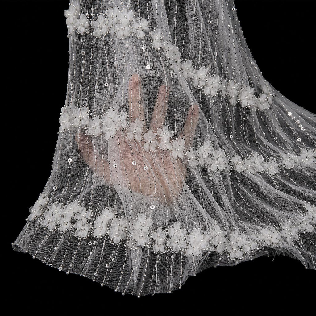 Luxury Pearl Beaded Bridal Tulle Fabric, Wedding Dress Lace Fabric by the Yard, 3D Floral Beaded Mesh for Bridal Gown, Veil & Couture Dress