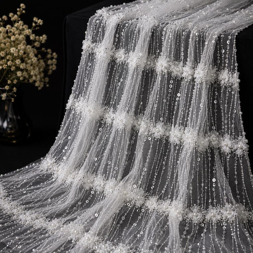Luxury Pearl Beaded Bridal Tulle Fabric, Wedding Dress Lace Fabric by the Yard, 3D Floral Beaded Mesh for Bridal Gown, Veil & Couture Dress