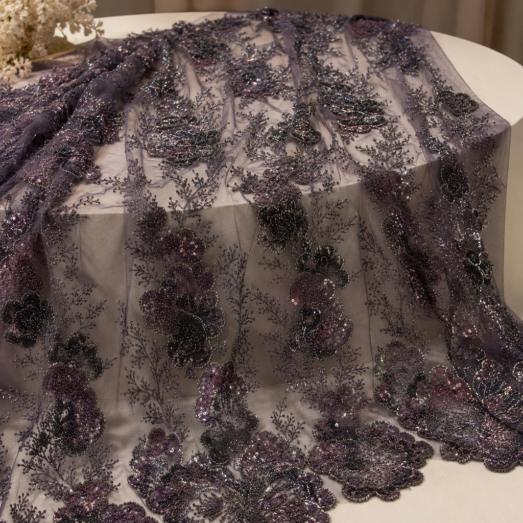 Luxury Beaded Lace Fabric by the Yard, Couture Floral Embroidered Tulle, Heavy Sequin & Bugle Bead Lace, Bridal Gown, Prom Dress,