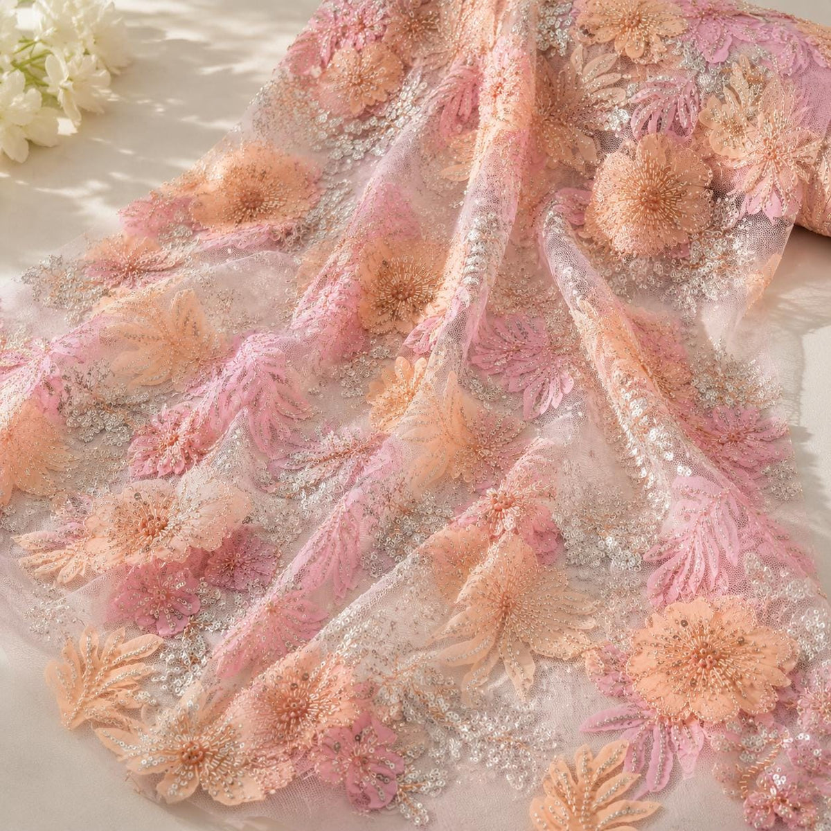 Designer Embroidered Fabric by Yard, Pink Floral Tulle With Beads & Sequins, Premium Couture Fabric, Luxury Evening Dress Material