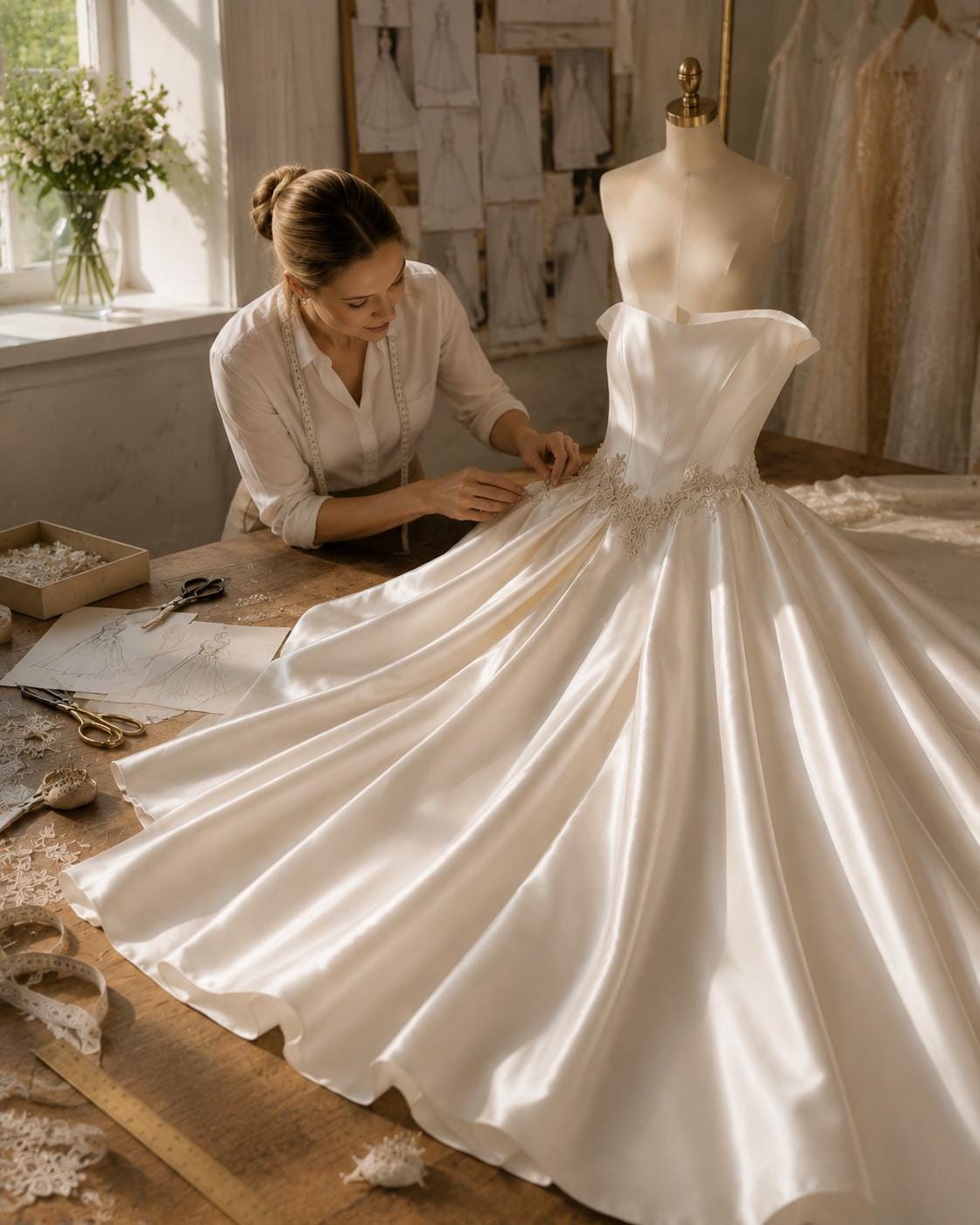 Ivory Satin Ball Gown Wedding Dress with Beaded Waist
