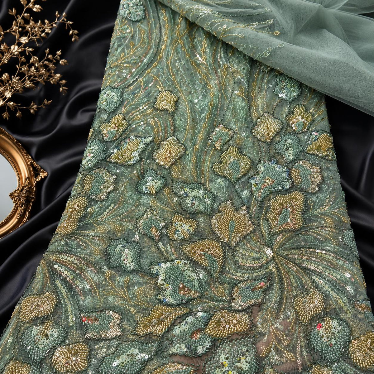 Luxury Beaded Lace Fabric by the Yard, Gold Sequin Embroidered Tulle Mesh, Floral Couture Lace for Evening Gown, Prom Dress & Bridal