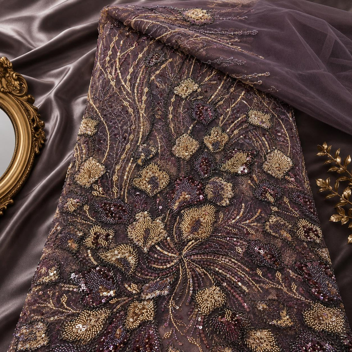Luxury Beaded Lace Fabric by the Yard, Gold Sequin Embroidered Tulle Mesh, Floral Couture Lace for Evening Gown, Prom Dress & Bridal