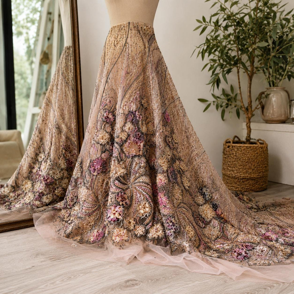 Luxury Beaded Lace Fabric by the Yard, Gold Sequin Embroidered Tulle Mesh, Floral Couture Lace for Evening Gown, Prom Dress & Bridal
