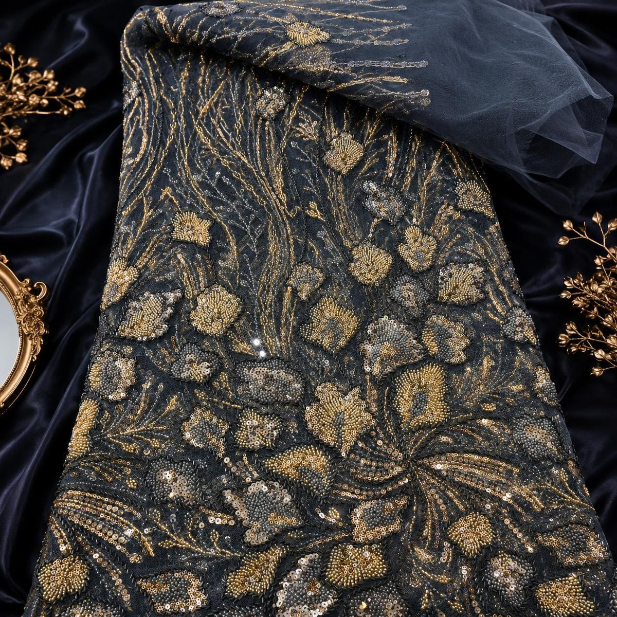 Luxury Beaded Lace Fabric by the Yard, Gold Sequin Embroidered Tulle Mesh, Floral Couture Lace for Evening Gown, Prom Dress & Bridal