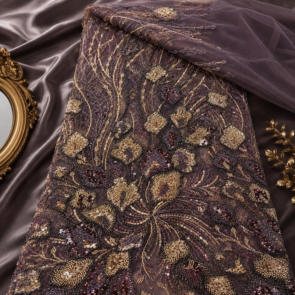 Designer Beaded Lace Fabric by the Yard, Couture Embroidered Sequin Mesh, Luxury Fashion Fabric for Runway Dress, Prom & Formal Gown