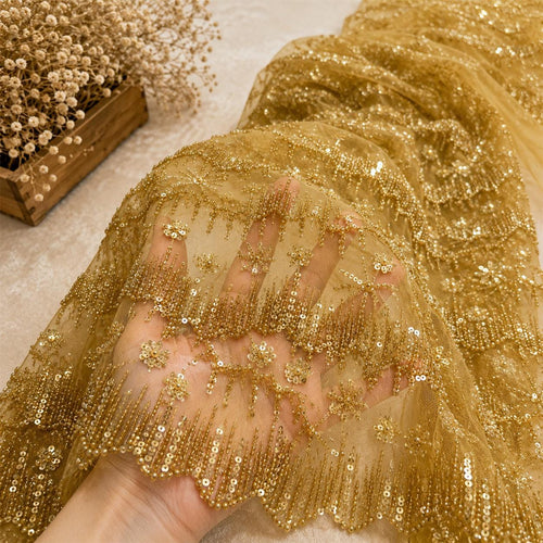 Beaded Lace Fabric by the Yard, Luxury Bridal Lace Fabric, Sequin Embroidery Mesh Tulle, Couture Wedding Dress Fabric Prom Evening Gown Lace