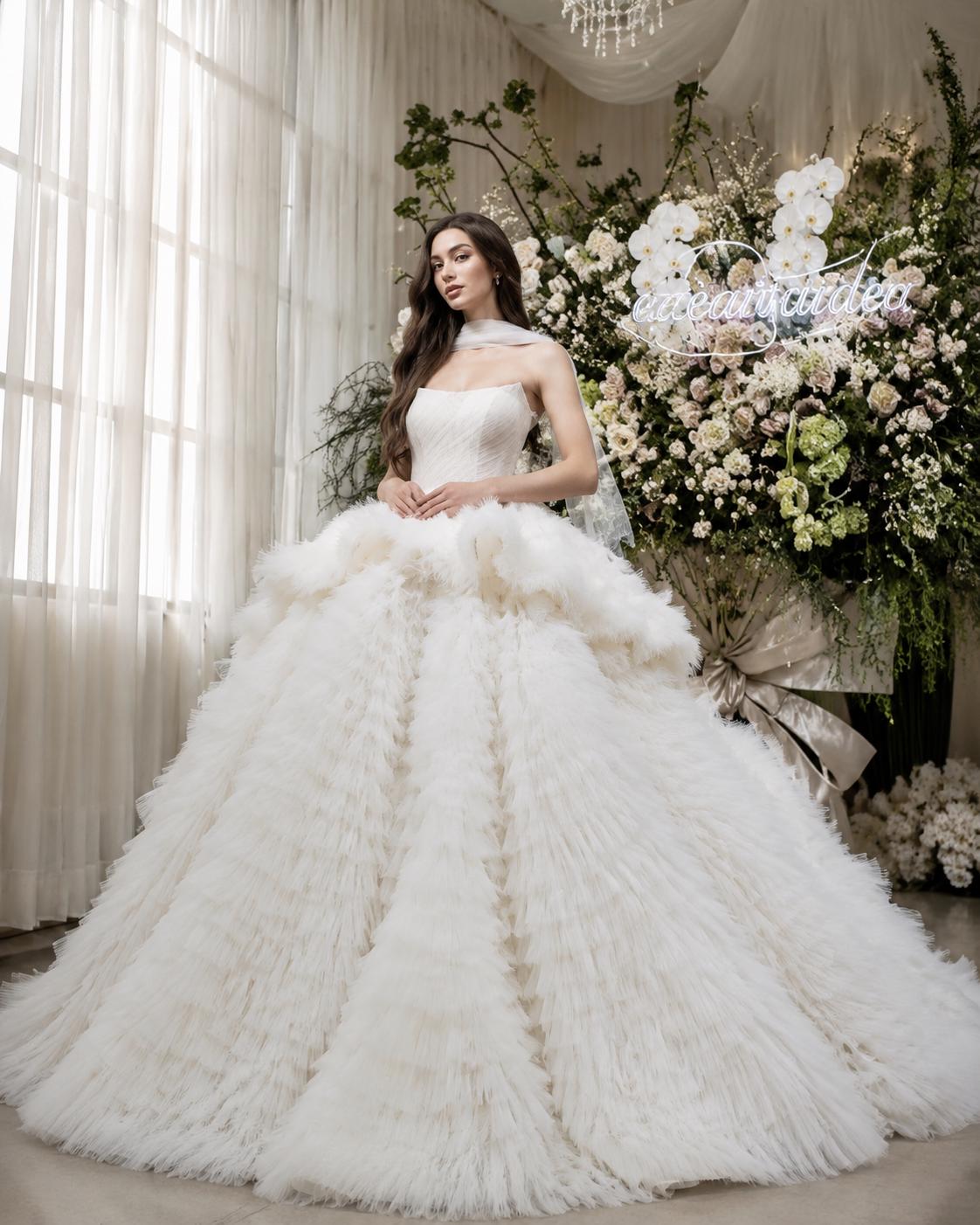Ivory Strapless Corset Wedding Dress with Layered Skirt