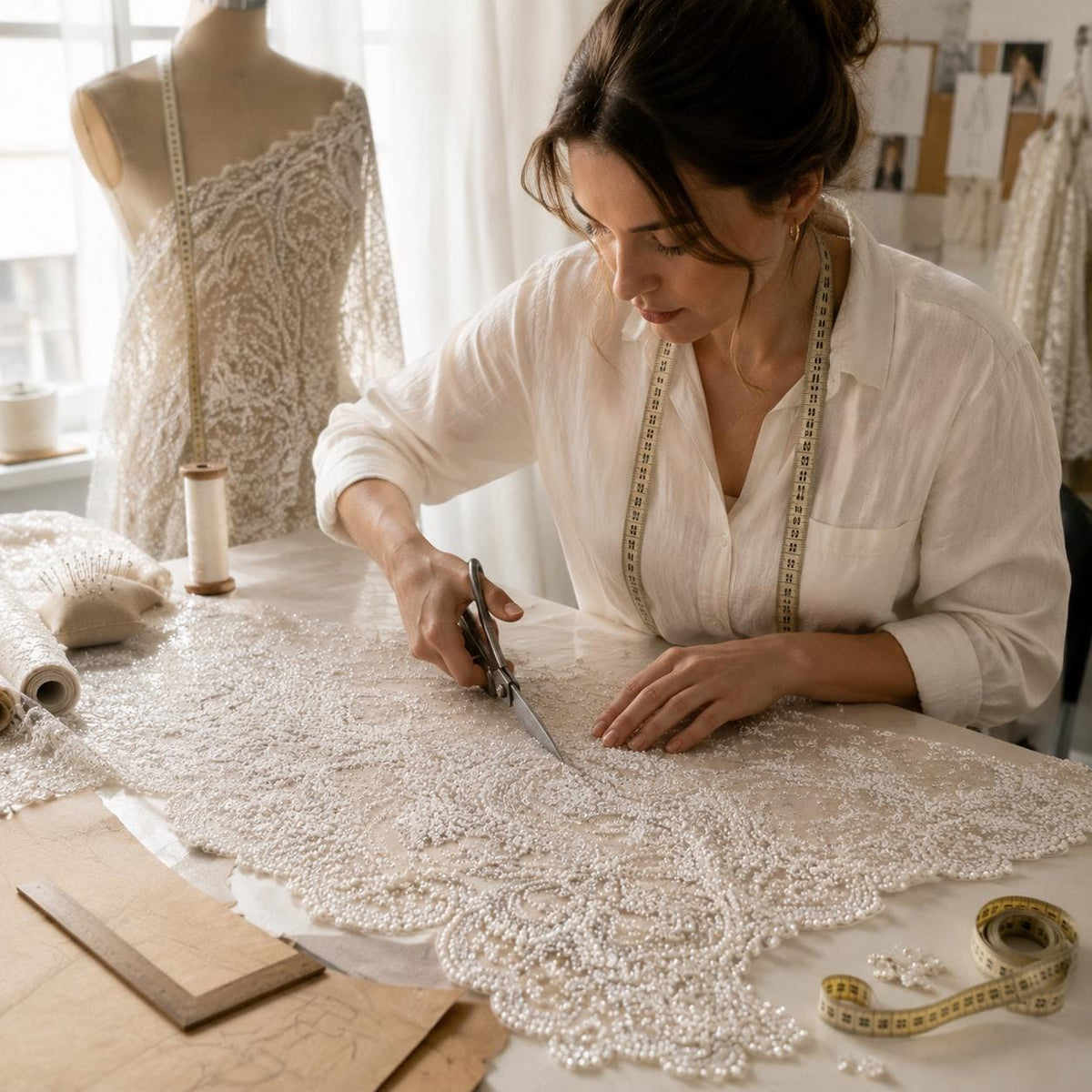 Pearl Beaded Lace Fabric with Scalloped Border, Luxury Bridal Veil Lace, Ivory Wedding Trim Fabric, Embroidered Lace by Yard