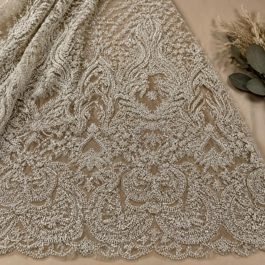 Pearl Beaded Lace Fabric with Scalloped Border, Luxury Bridal Veil Lace, Ivory Wedding Trim Fabric, Embroidered Lace by Yard