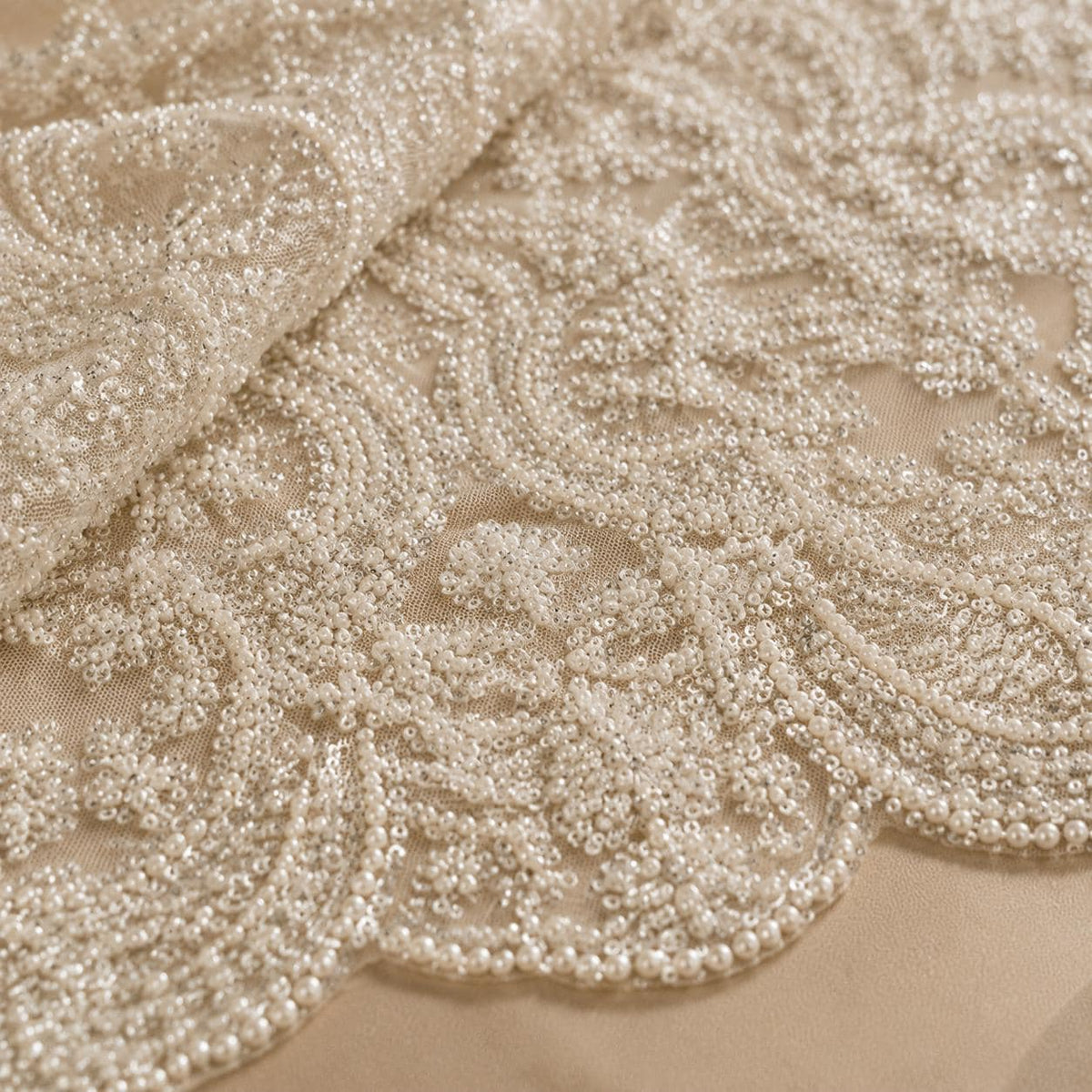 Pearl Beaded Lace Fabric with Scalloped Border, Luxury Bridal Veil Lace, Ivory Wedding Trim Fabric, Embroidered Lace by Yard