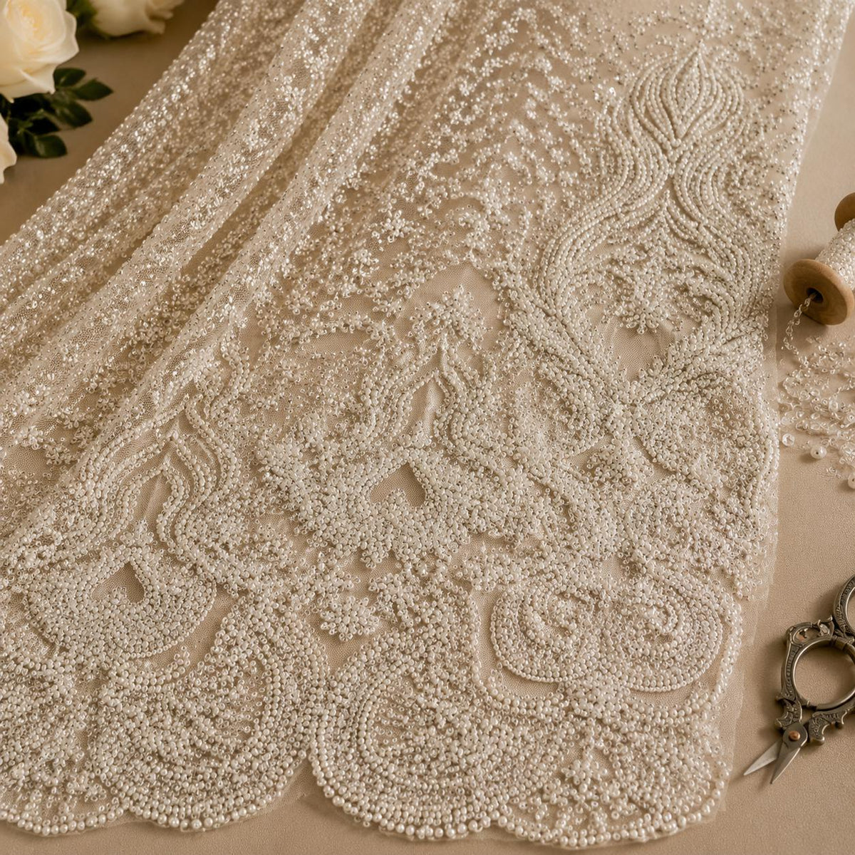 Pearl Beaded Lace Fabric with Scalloped Border, Luxury Bridal Veil Lace, Ivory Wedding Trim Fabric, Embroidered Lace by Yard
