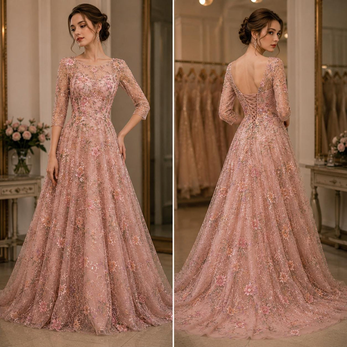 Dreamy Floral Embroidered Lace Fabric by the Yard, Beaded Sequin Sheer Tulle, Elopement Bridal Fabric, Soft Couture Lace for Formal Gowns