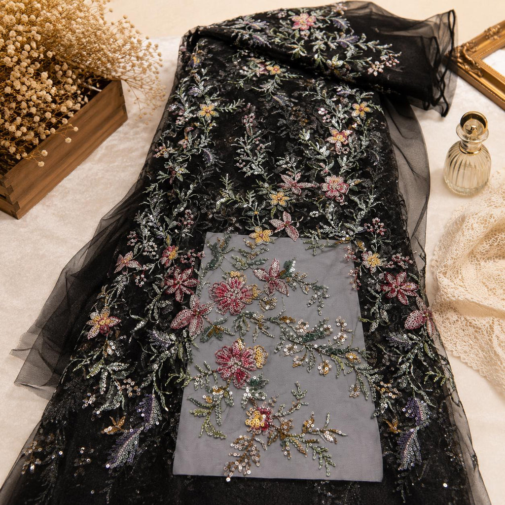 Dreamy Floral Embroidered Lace Fabric by the Yard, Beaded Sequin Sheer Tulle, Elopement Bridal Fabric, Soft Couture Lace for Formal Gowns