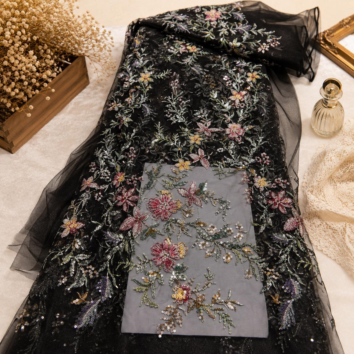Dreamy Floral Embroidered Lace Fabric by the Yard, Beaded Sequin Sheer Tulle, Elopement Bridal Fabric, Soft Couture Lace for Formal Gowns