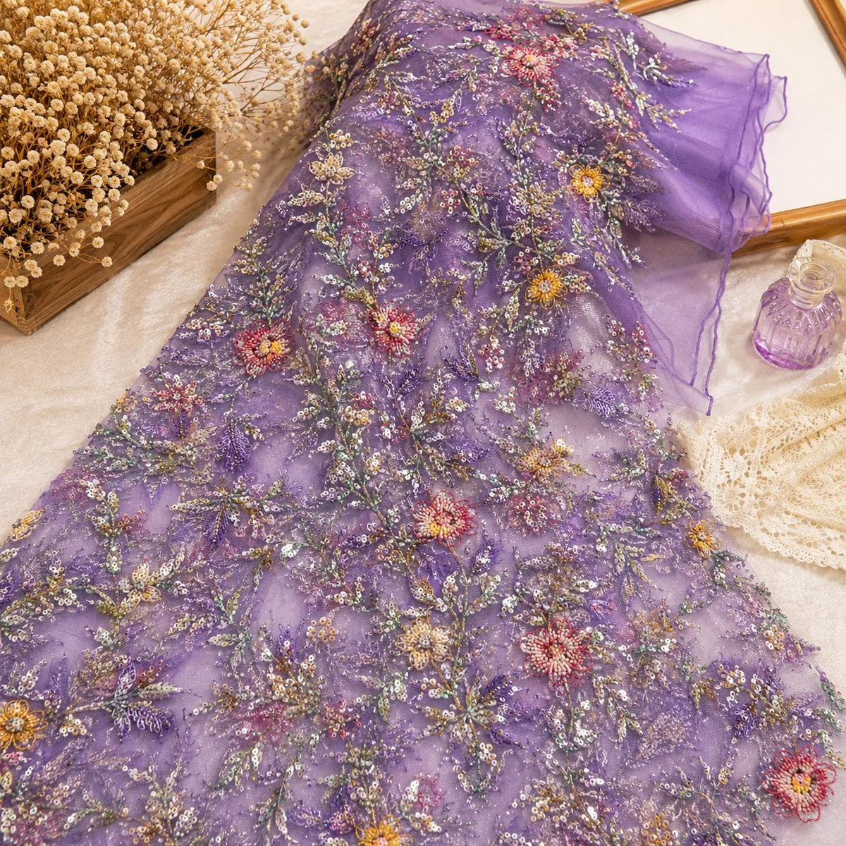 Dreamy Floral Embroidered Lace Fabric by the Yard, Beaded Sequin Sheer Tulle, Elopement Bridal Fabric, Soft Couture Lace for Formal Gowns