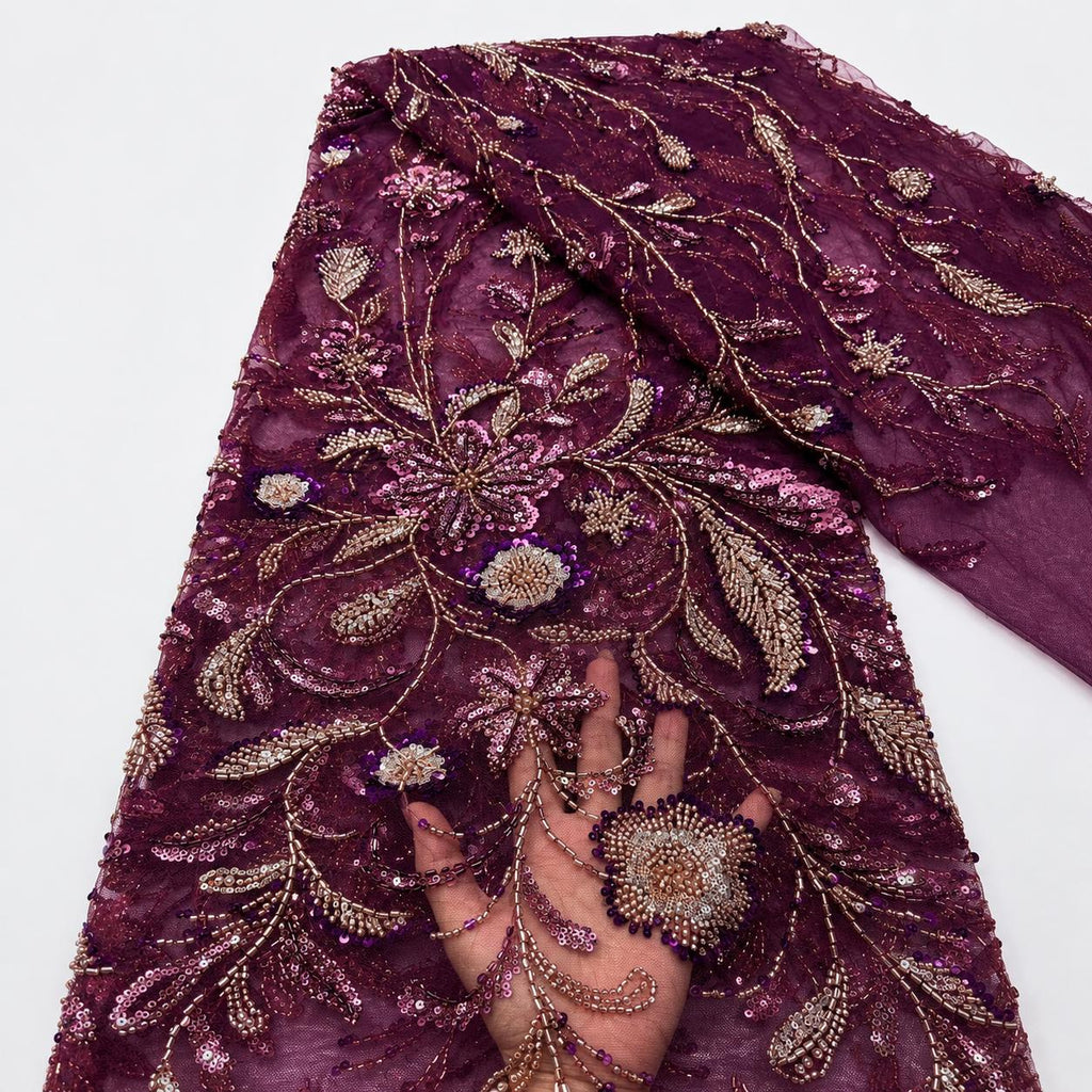 Beaded Sequin Lace Fabric, Purple Gold Embroidered Tulle, Luxury Bridal Fabric by the Yard, Evening Gown Dress Material, Couture Lace