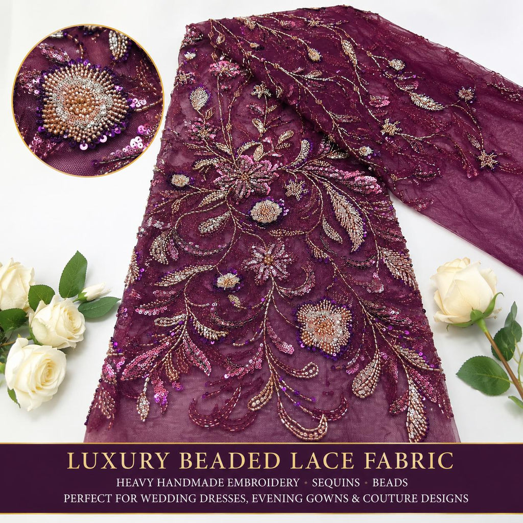 Beaded Sequin Lace Fabric, Purple Gold Embroidered Tulle, Luxury Bridal Fabric by the Yard, Evening Gown Dress Material, Couture Lace