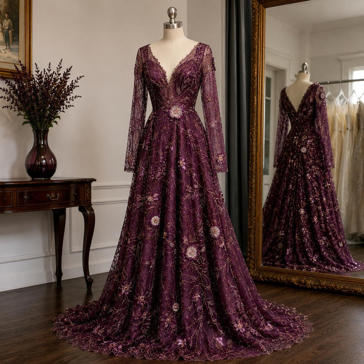 Beaded Sequin Lace Fabric, Purple Gold Embroidered Tulle, Luxury Bridal Fabric by the Yard, Evening Gown Dress Material, Couture Lace