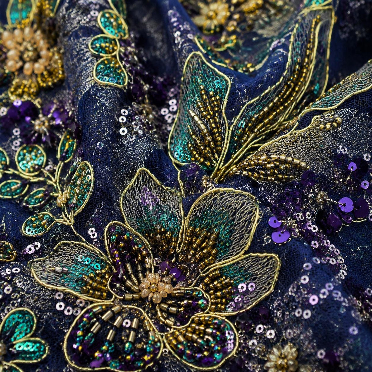 Luxury Navy Blue Beaded Lace Fabric, Heavy Sequin Floral Embroidered Tulle, Gold Couture Mesh Fabric by the Yard,Evening Bridal Material