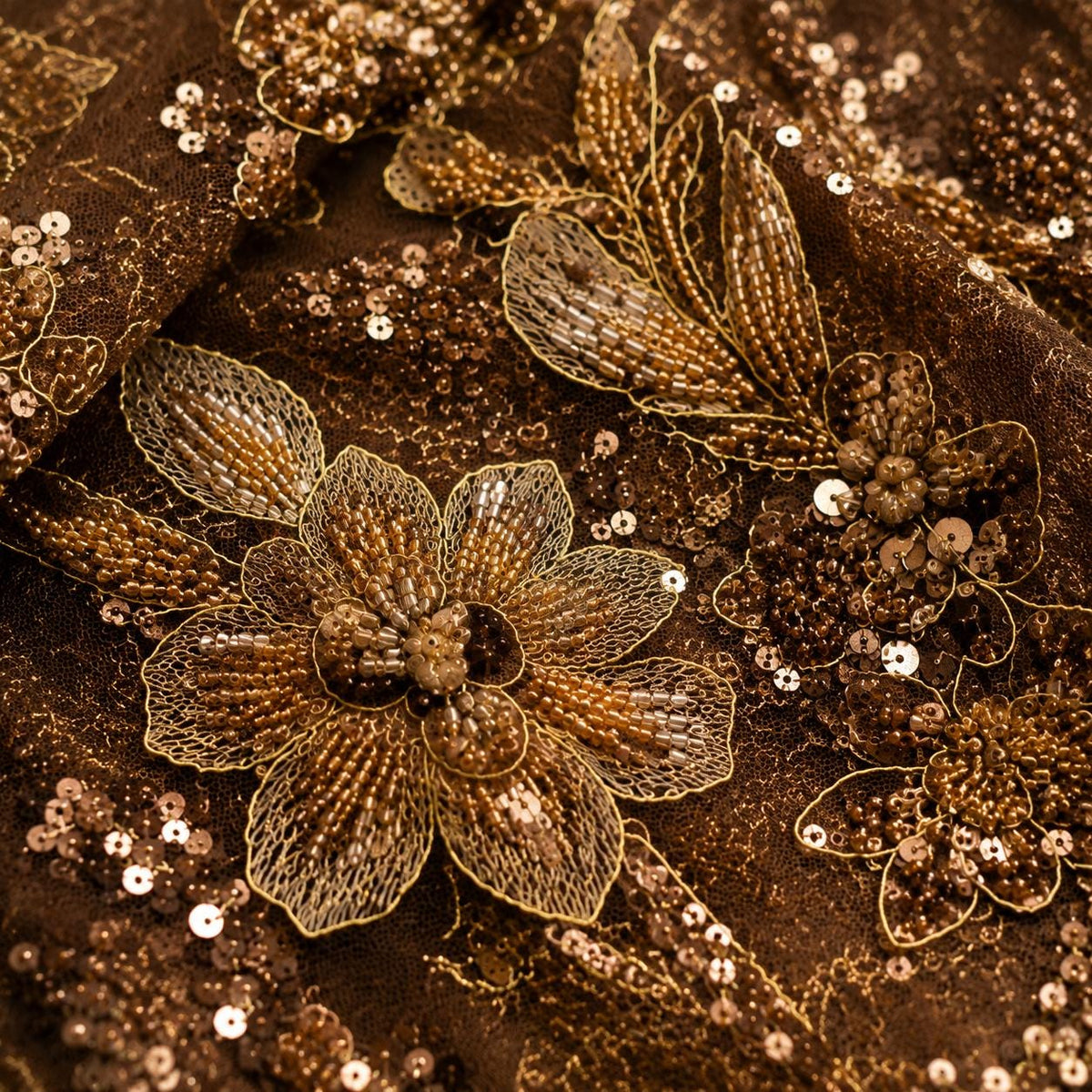Chocolate Brown Beaded Lace Fabric, Gold Floral Sequin Embroidered Tulle, Couture Mesh Fabric by the Yard, Evening Gown Mother of Bride