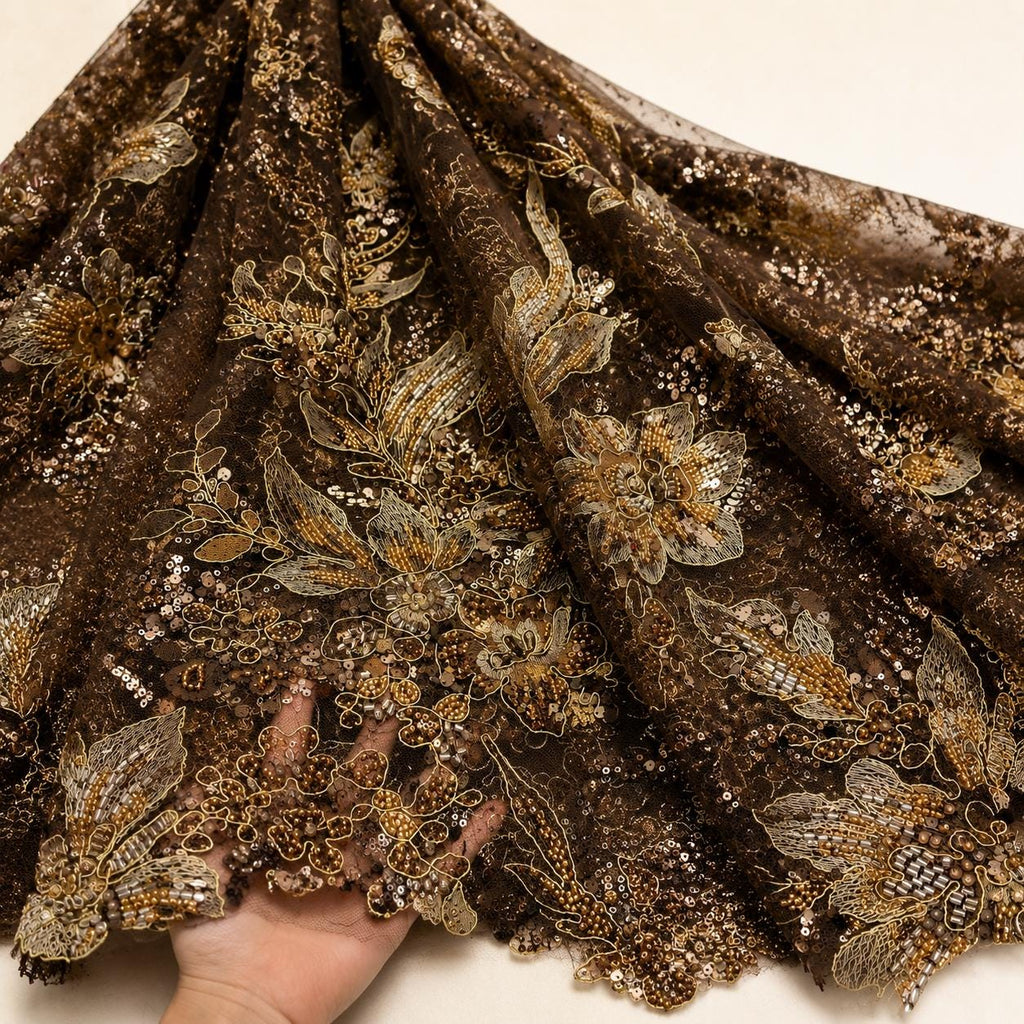 Chocolate Brown Beaded Lace Fabric, Gold Floral Sequin Embroidered Tulle, Couture Mesh Fabric by the Yard, Evening Gown Mother of Bride