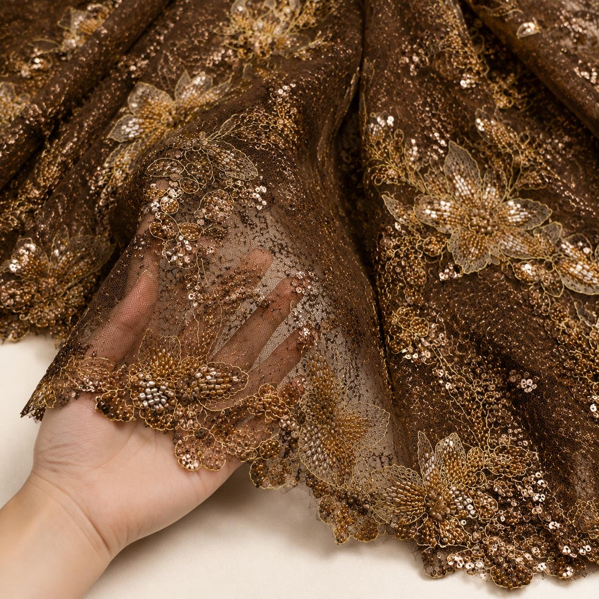 Chocolate Brown Beaded Lace Fabric, Gold Floral Sequin Embroidered Tulle, Couture Mesh Fabric by the Yard, Evening Gown Mother of Bride