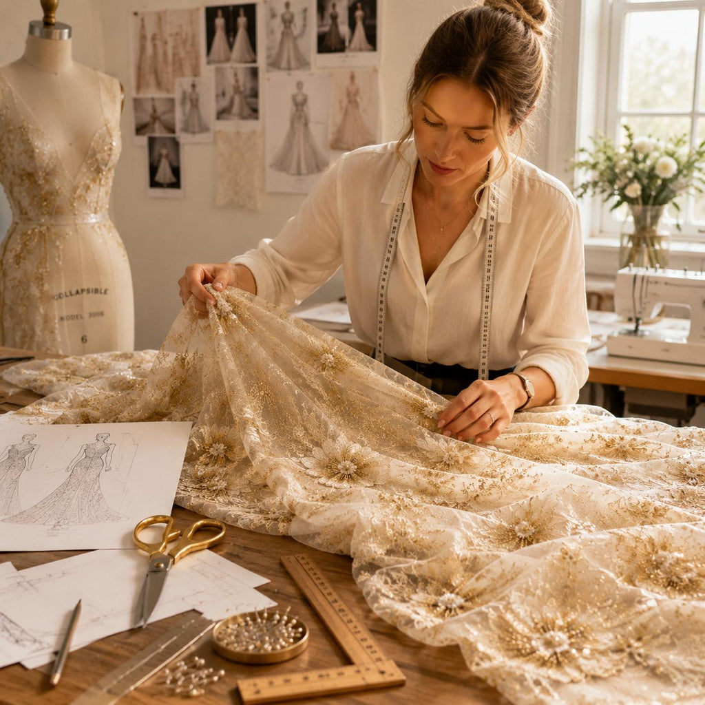 Champagne Gold Beaded Lace Fabric, Floral Sequin Embroidered Tulle, Bridal Wedding Dress Material by the Yard, Couture Evening Gown Fabric