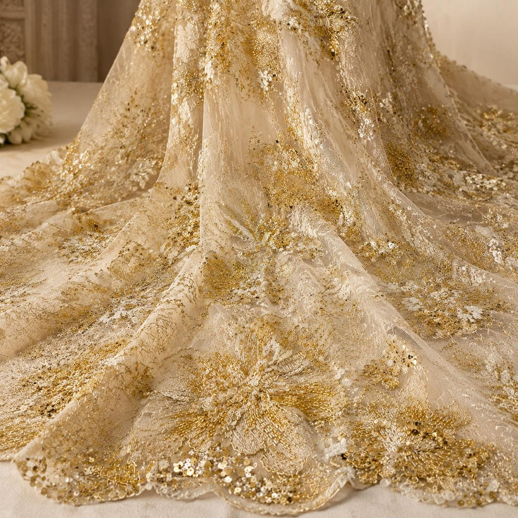 Champagne Gold Beaded Lace Fabric, Floral Sequin Embroidered Tulle, Bridal Wedding Dress Material by the Yard, Couture Evening Gown Fabric