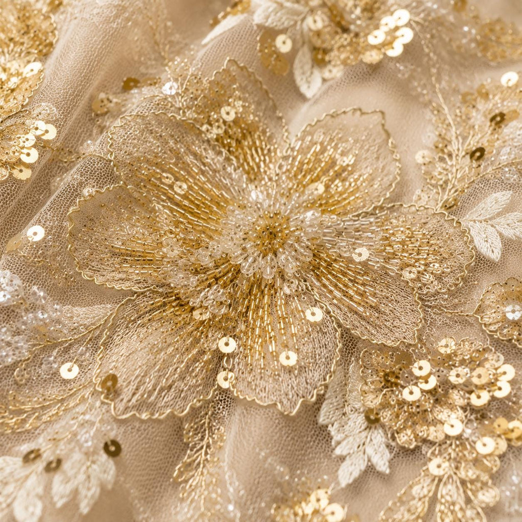 Champagne Gold Beaded Lace Fabric, Floral Sequin Embroidered Tulle, Bridal Wedding Dress Material by the Yard, Couture Evening Gown Fabric
