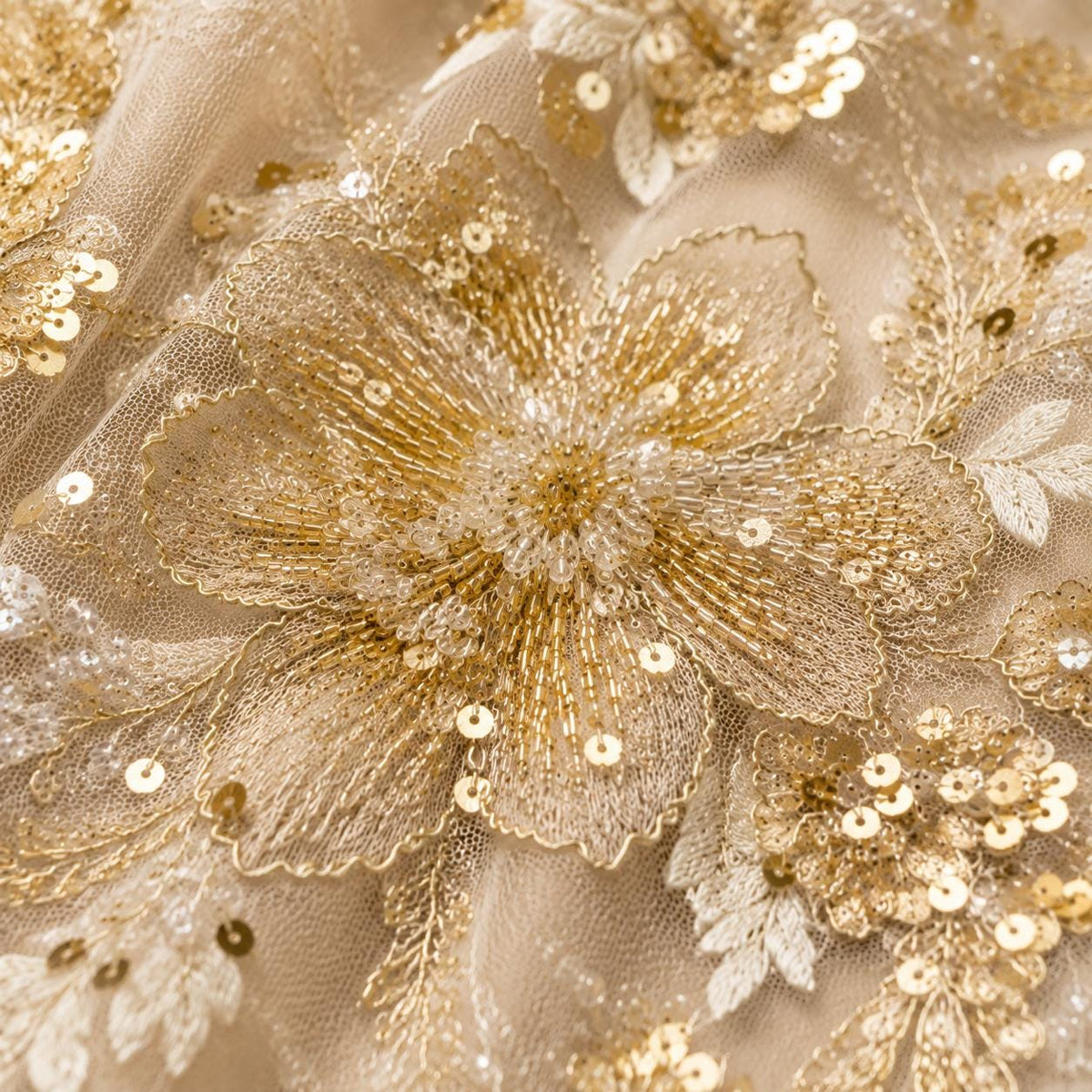 Champagne Gold Beaded Lace Fabric, Floral Sequin Embroidered Tulle, Bridal Wedding Dress Material by the Yard, Couture Evening Gown Fabric
