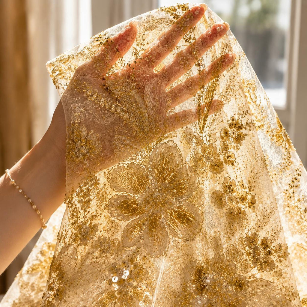 Champagne Gold Beaded Lace Fabric, Floral Sequin Embroidered Tulle, Bridal Wedding Dress Material by the Yard, Couture Evening Gown Fabric