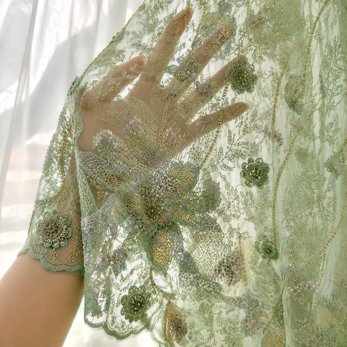 Mint Green Beaded Lace Fabric, Floral Sequin Embroidered Tulle, 3D Flower Bridal Wedding Dress Material, Couture Gown Fabric by the Yard