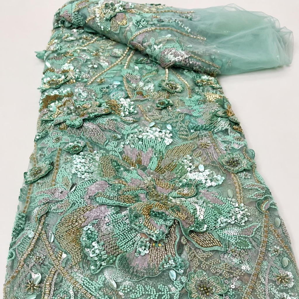 Mint Green Beaded Lace Fabric, Floral Sequin Embroidered Tulle, 3D Flower Bridal Wedding Dress Material, Couture Gown Fabric by the Yard