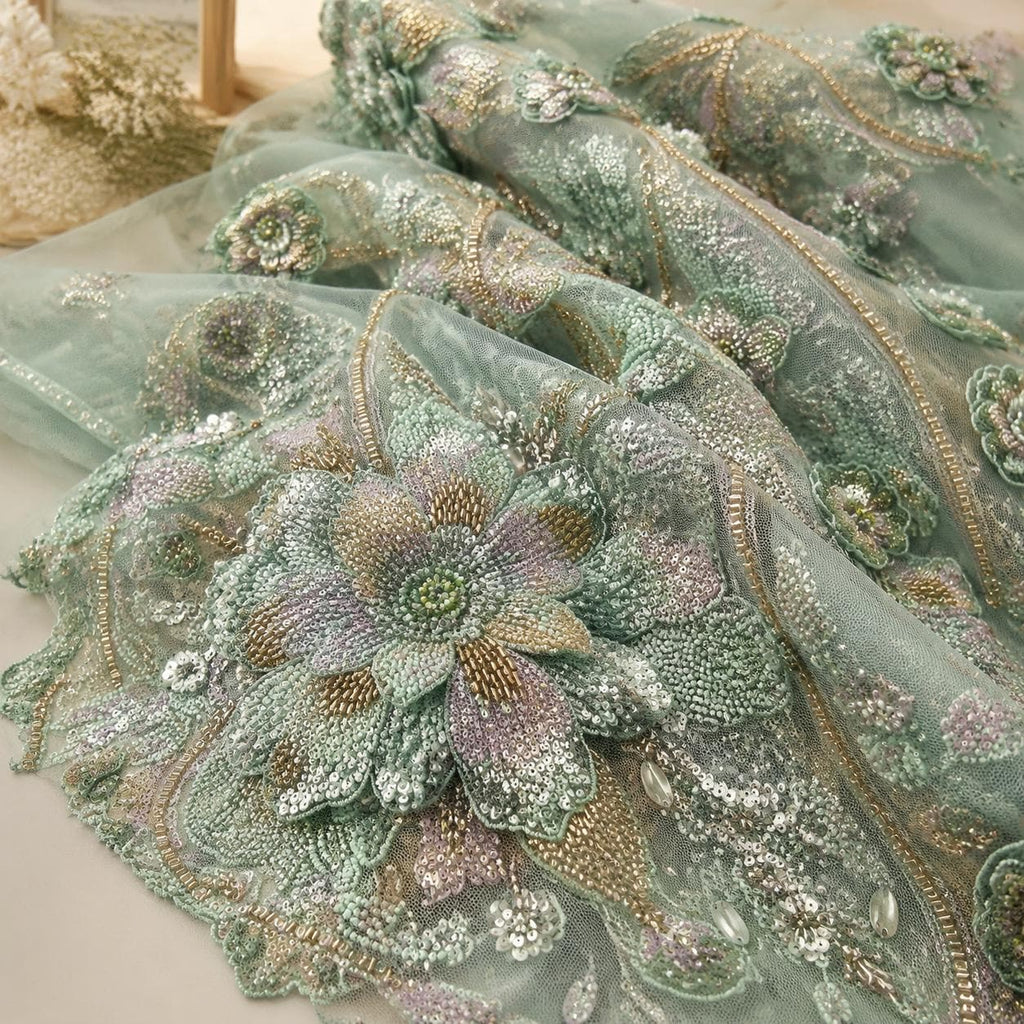 Mint Green Beaded Lace Fabric, Floral Sequin Embroidered Tulle, 3D Flower Bridal Wedding Dress Material, Couture Gown Fabric by the Yard