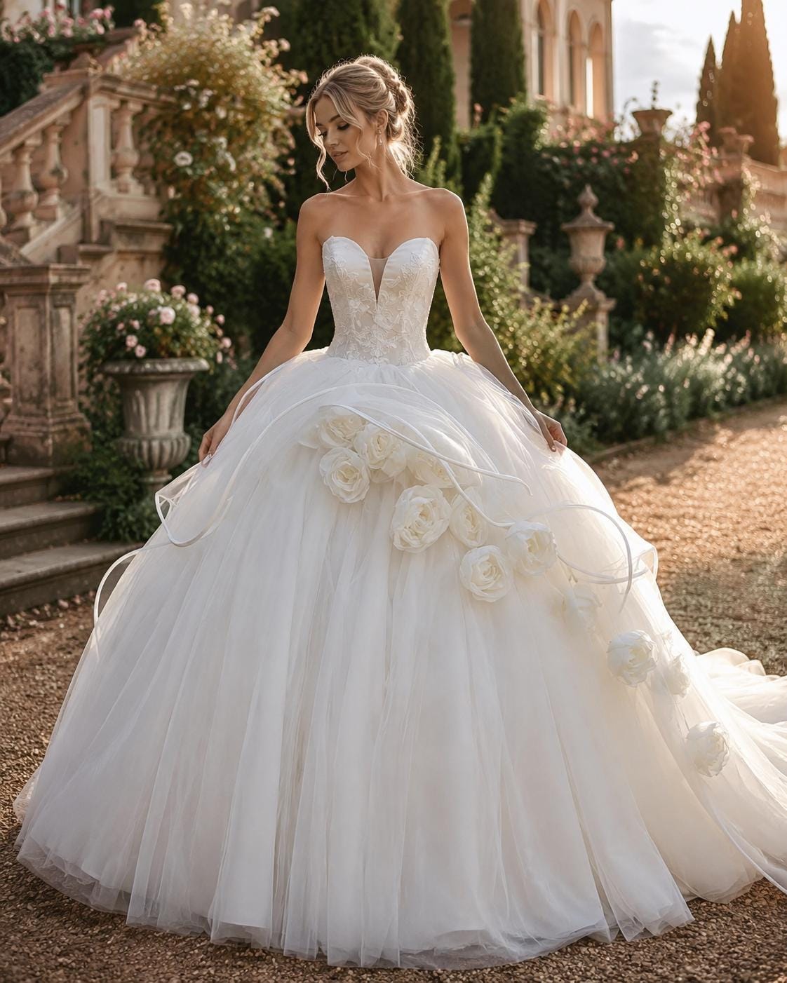 3D Floral Tulle Ball Gown Wedding Dress with Sweetheart Neckline