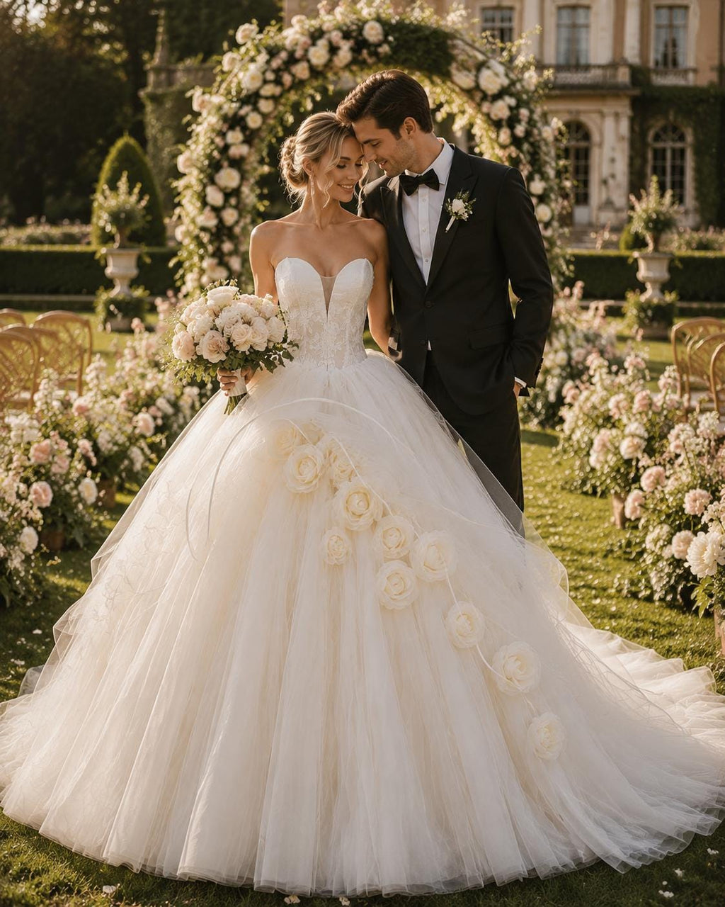 3D Floral Tulle Ball Gown Wedding Dress with Sweetheart Neckline