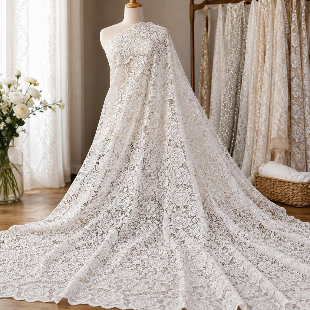 Designer Embroidered Lace Fabric by the Yard, Luxury Floral Beaded Mesh for Couture Fashion, Runway Dress, Custom Gown & High End Sewing