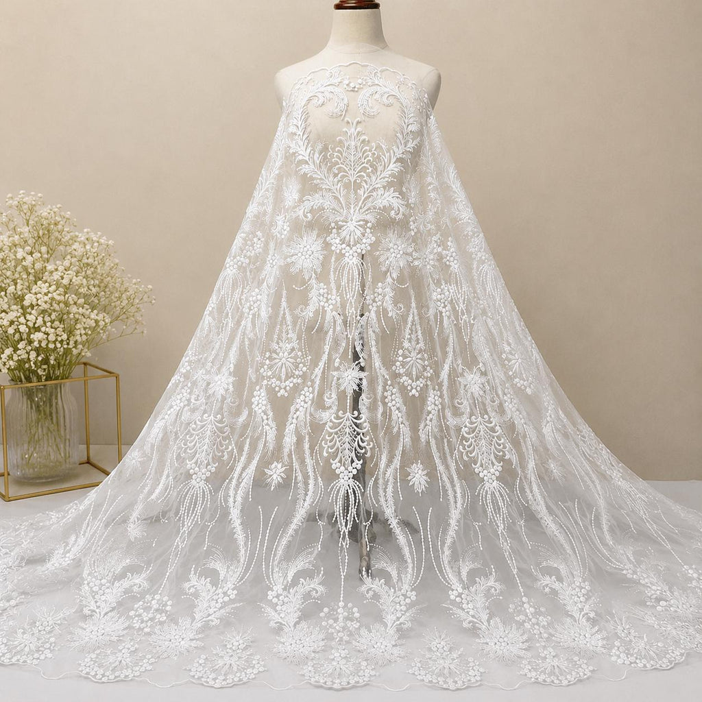 Pearl Embroidered Tulle Lace Fabric by the Yard, Bridal Veil Fabric, Luxury Lace for Veils, Headpiece, Wedding Accessories & Couture Sewing