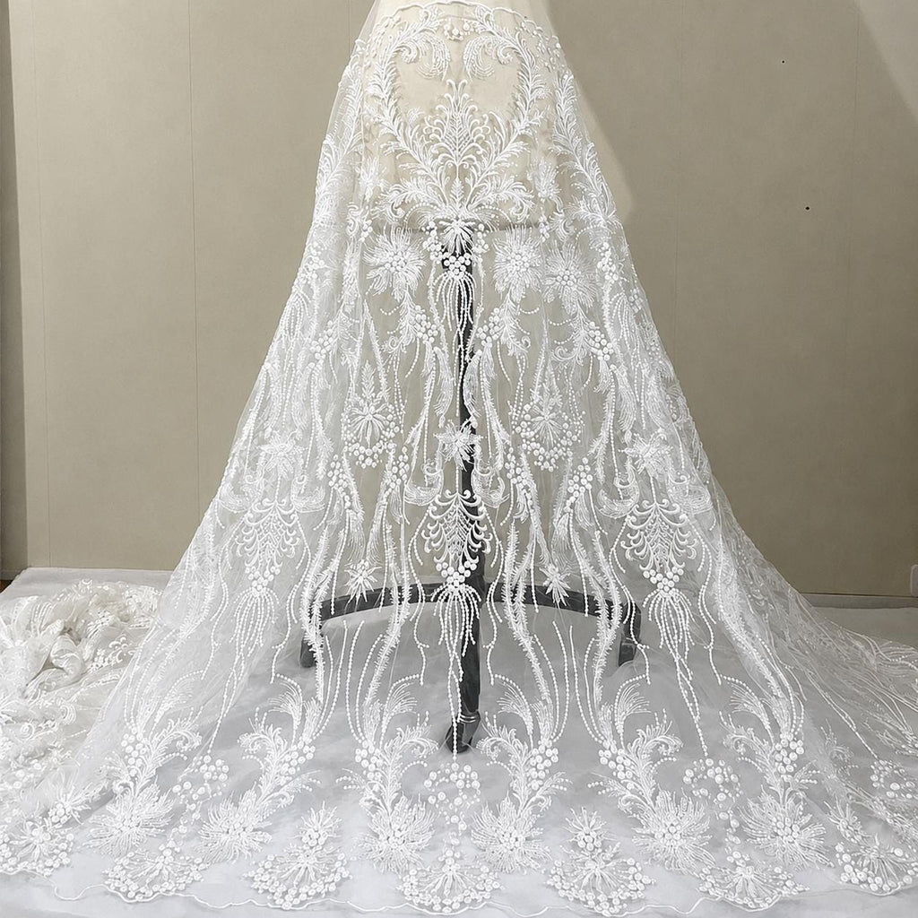 Pearl Embroidered Tulle Lace Fabric by the Yard, Bridal Veil Fabric, Luxury Lace for Veils, Headpiece, Wedding Accessories & Couture Sewing