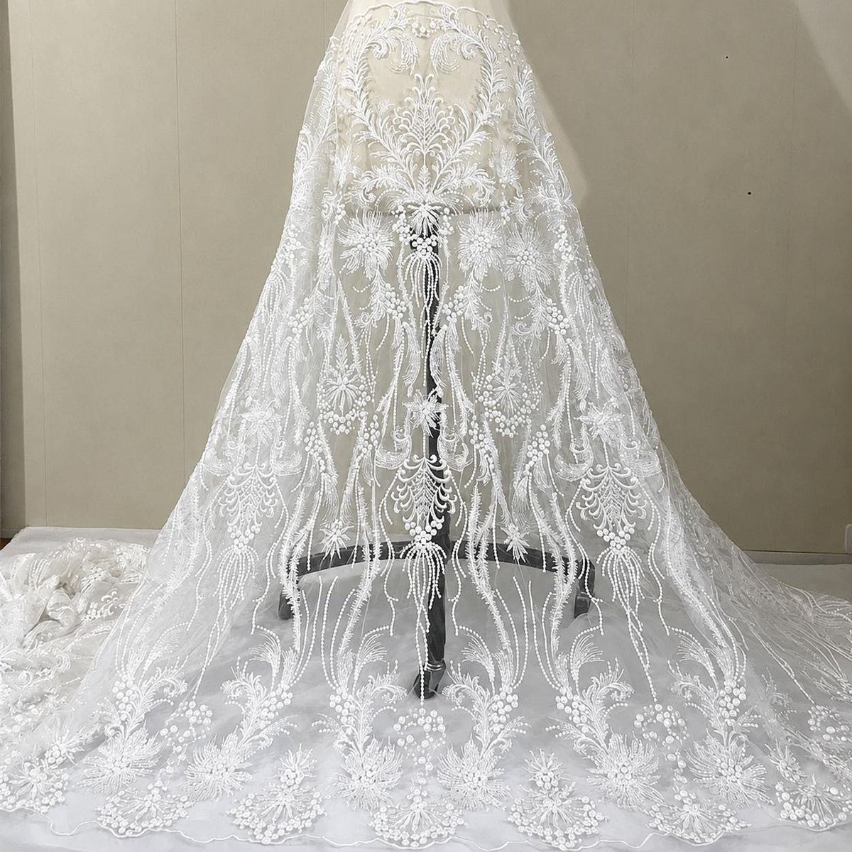 Pearl Embroidered Tulle Lace Fabric by the Yard, Bridal Veil Fabric, Luxury Lace for Veils, Headpiece, Wedding Accessories & Couture Sewing