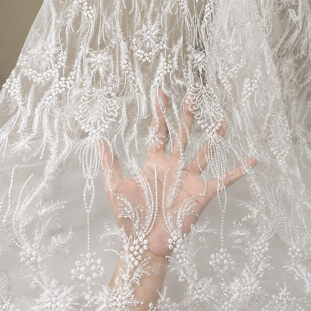 Pearl Embroidered Tulle Lace Fabric by the Yard, Bridal Veil Fabric, Luxury Lace for Veils, Headpiece, Wedding Accessories & Couture Sewing