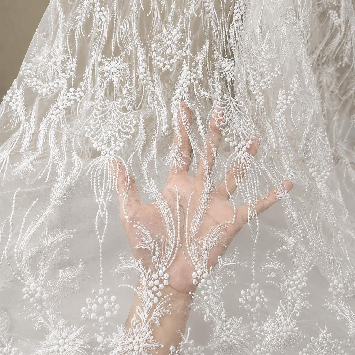 Pearl Embroidered Tulle Lace Fabric by the Yard, Bridal Veil Fabric, Luxury Lace for Veils, Headpiece, Wedding Accessories & Couture Sewing