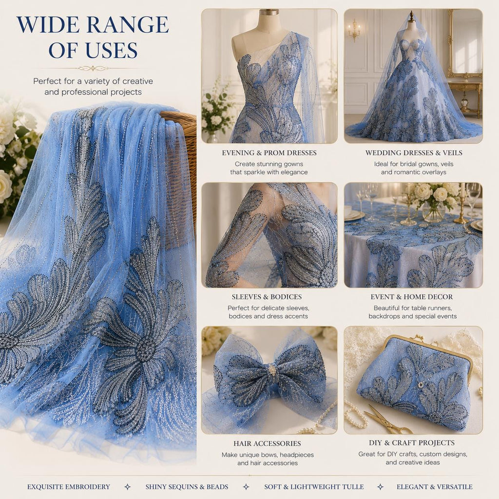 Designer Beaded Embroidery Fabric, Luxury Couture Tulle Lace by the Yard, High Fashion Mesh for Custom Gowns & Runway Dresses