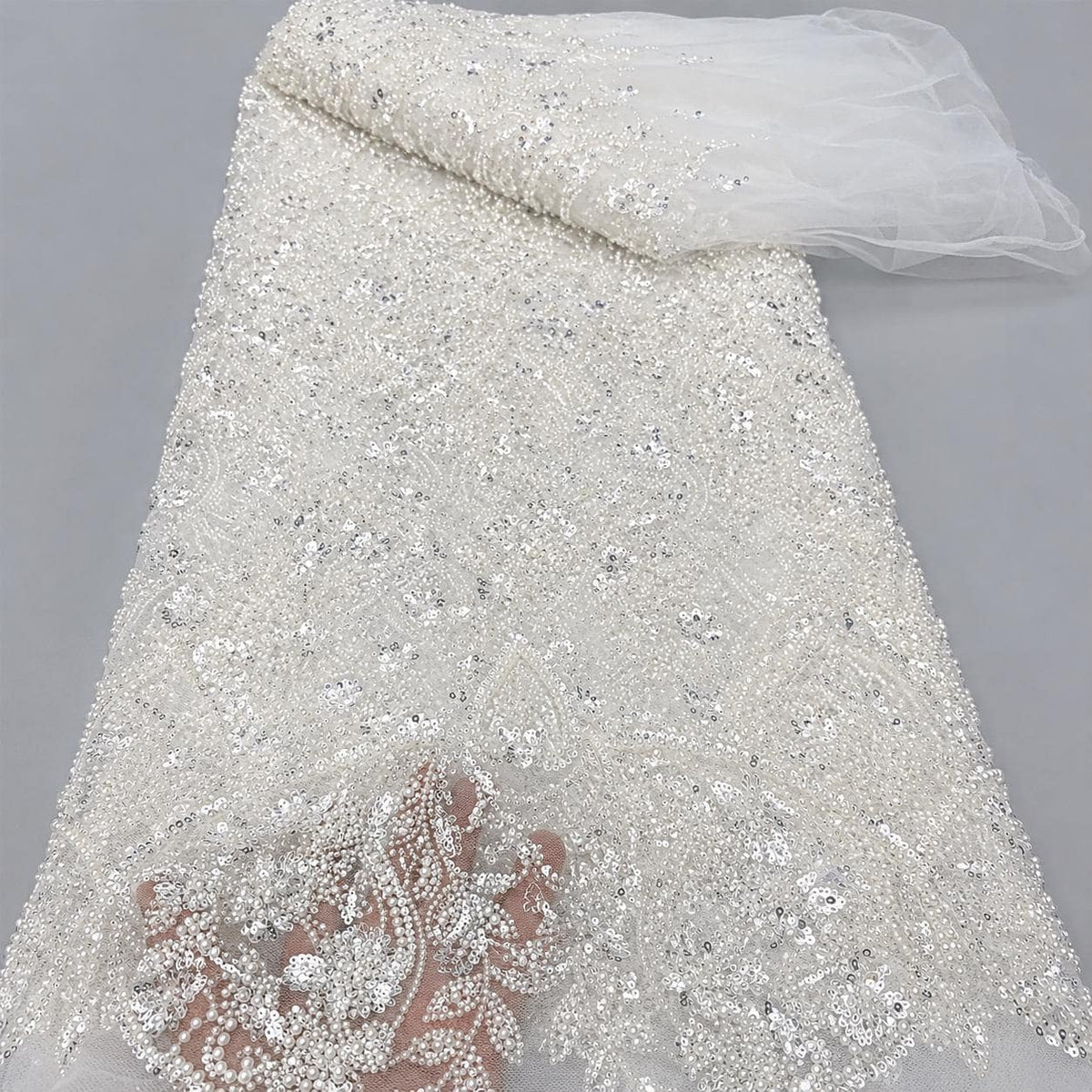 Luxury Couture Beaded Lace Fabric, Heavy Pearl Embroidered Tulle by the Yard, Evening Gown Fabric, Fashion Designer Mesh