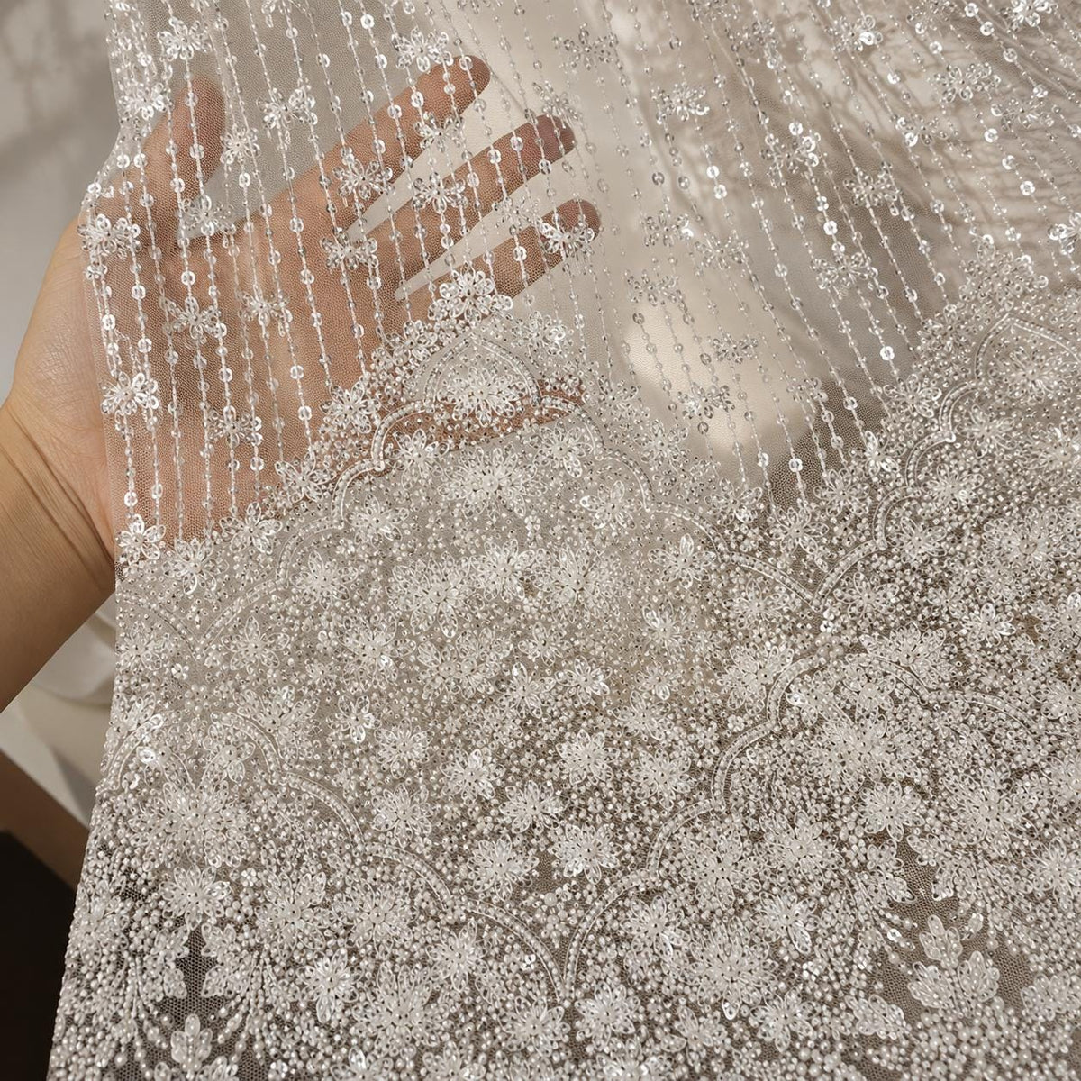 Luxury Couture Beaded Lace Fabric, Heavy Pearl Embroidered Tulle by the Yard, Evening Gown Fabric, Fashion Designer Mesh