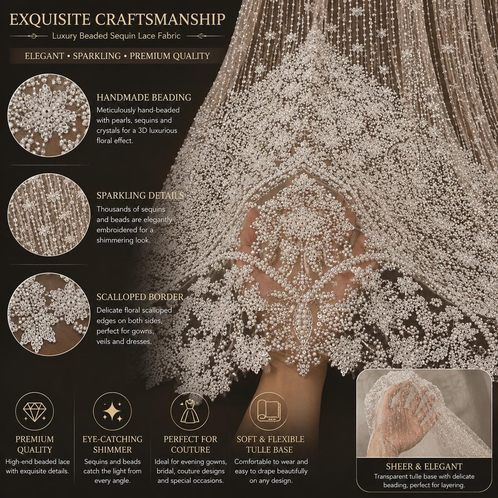 Luxury Couture Beaded Lace Fabric, Heavy Pearl Embroidered Tulle by the Yard, Evening Gown Fabric, Fashion Designer Mesh