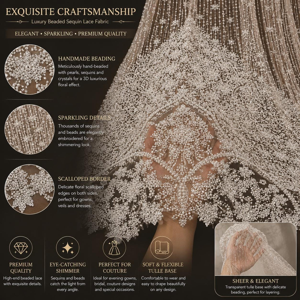 Luxury Couture Beaded Lace Fabric, Heavy Pearl Embroidered Tulle by the Yard, Evening Gown Fabric, Fashion Designer Mesh
