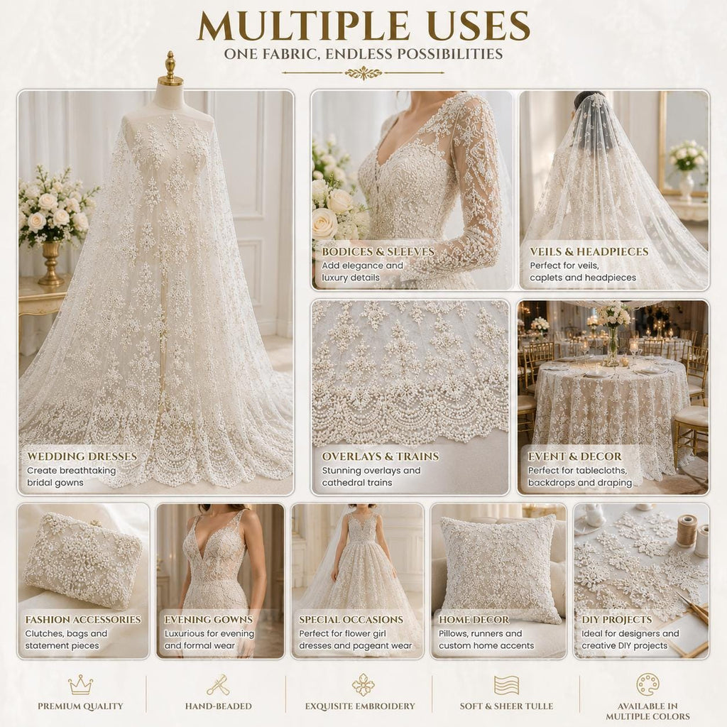 Luxury Beaded Bridal Lace Fabric by the Yard, Pearl Sequin Embroidery Tulle, Couture Wedding Dress Fabric, Luxury Wedding Gown Lace