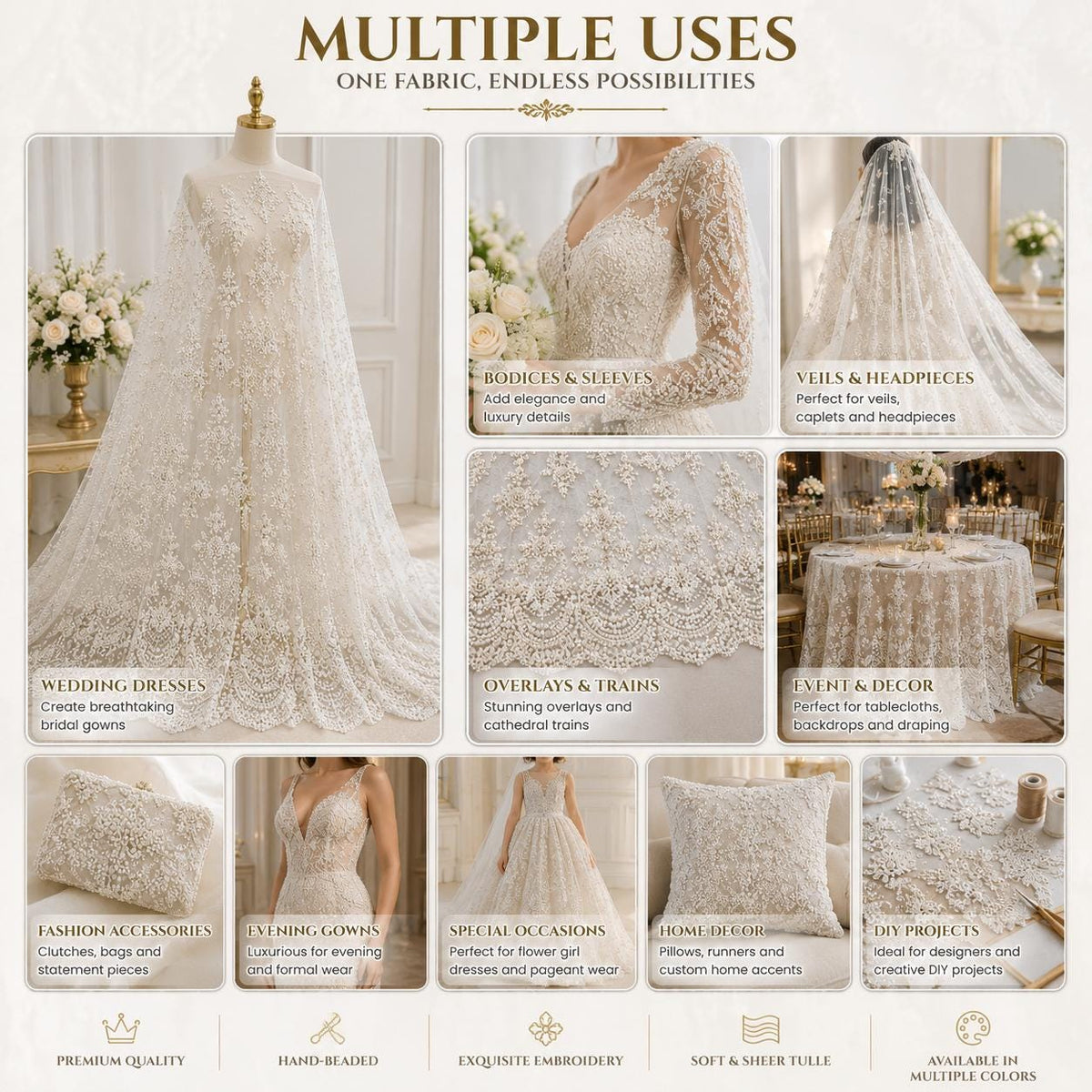 Luxury Beaded Bridal Lace Fabric by the Yard, Pearl Sequin Embroidery Tulle, Couture Wedding Dress Fabric, Luxury Wedding Gown Lace